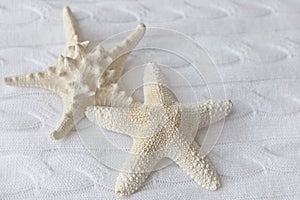 Decorative white starfish on a background of knitted fabrics.