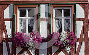 Decorative windows in Bernkastel, Germany accented with colorful