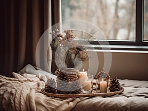 Decorative winter arrangement with fir and candles in cozy home interior, stylish room decor for Christmas holiday
