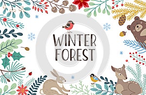 Decorative winter background with evergreen plants, deer and bear