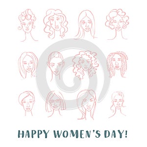 Decorative woman`s head greeting card Happy International Women`s Day