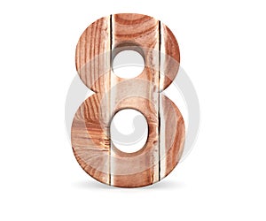Decorative wooden alphabet digit eight symbol - 8 From Wood Planks. 3d rendering illustration. Isolated on white background.
