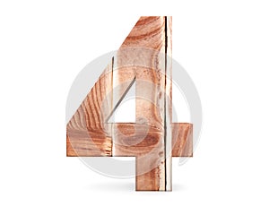 Decorative wooden alphabet digit four symbol - 4 From wood Planks. 3d rendering illustration. Isolated on white background.