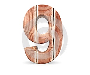 Decorative wooden alphabet digit nine symbol - 9 From Wood Planks. 3d rendering illustration. Isolated on white background.