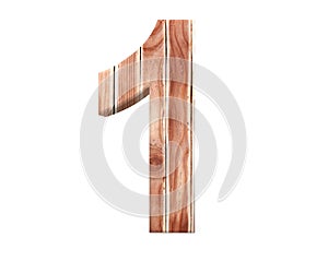 Decorative wooden alphabet digit one symbol - 1 from wood Planks. 3d rendering illustration. Isolated on white background.
