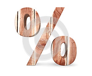 Decorative wooden alphabet digit percent symbol from wood planks. 3d rendering illustration. Isolated on white background.