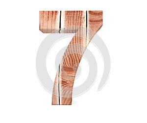 Decorative wooden alphabet digit seven symbol - 7 From wood Planks. 3d rendering illustration. Isolated on white background.