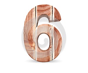 Decorative wooden alphabet digit six symbol - 6 From wood Planks. 3d rendering illustration. Isolated on white background.