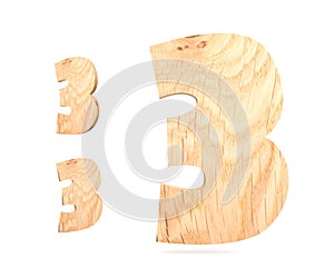 Decorative wooden alphabet digit three symbol - 3. 3d rendering illustration. Isolated on white background.