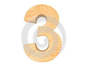 Decorative wooden alphabet digit three symbol - 3. 3d rendering illustration. Isolated on white background.