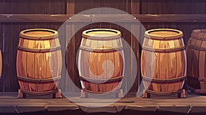 Decorative wooden barrel for wine or beer in cellar of brewery or winery. Modern realistic interior with keg for whiskey