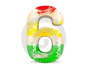 Decorative wooden colored red green yellow alphabet digit six symbol - 6. 3d rendering illustration. on white