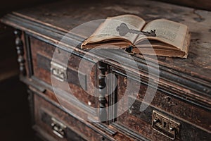 A decorative wooden key rests on an open old vintage book on a dark background