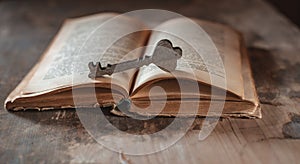 A decorative wooden key rests on an open old vintage book on a dark background