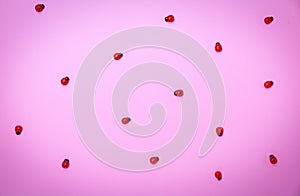 Decorative wooden ladybugs on a pink surface