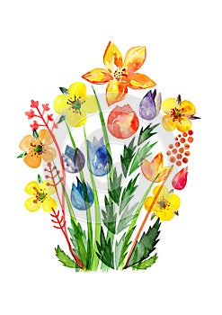 Decorative yellow flowers, Translucent overlying watercolor flower, Meadow flowers, celebration delicate watercolor bouquet