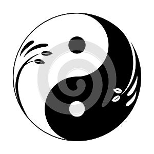 Decorative yin yang symbol. Abstract yin-yang icon with sprigs and leaves. Symbol of unity of masculine and feminine. Vector