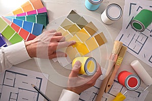 Decorator choosing a color for interior housing project top