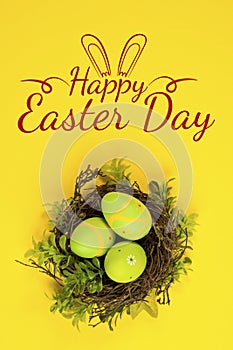 Decorted Easter eggs in a bird`s nest on a yellow background