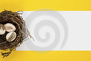 Decorted Easter eggs in a bird`s nest on a yellow background