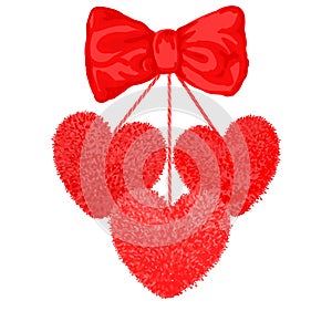 Decortive elements with pom-poms in the shape of a heart