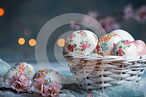 Decoupage decorated Easter eggs with cherry blossom