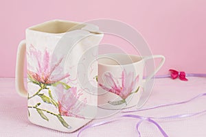 Decoupage decorated tea pot and tea cup