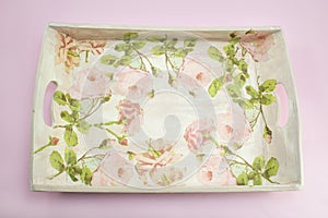 Decoupage decorated tray with flower pattern