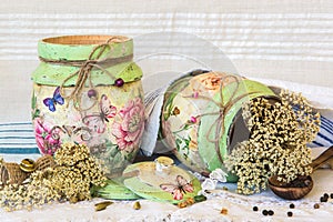 Decoupage decorated wooden containers