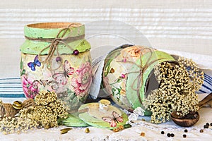 Decoupage decorated wooden containers photo