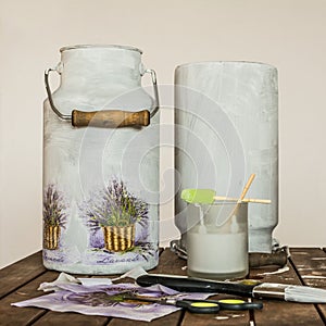 Decoupage - milk churns decorated with lavender pattern