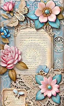 Decoupage sheet, rustic wooden lace paper with handwritten text, pastel colors, background for smartphone