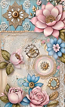 Decoupage sheet, rustic wooden lace paper with handwritten text, pastel colors, background for smartphone