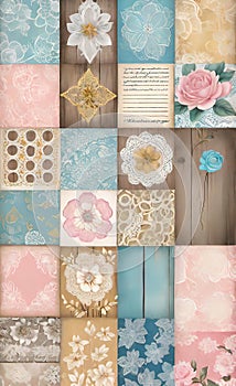 Decoupage sheet, rustic wooden lace paper with handwritten text, pastel colors, background for smartphone