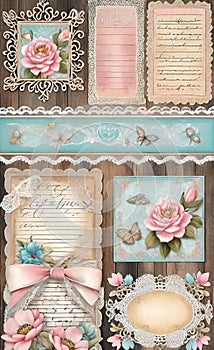 Decoupage sheet, rustic wooden lace paper with handwritten text, pastel colors, background for smartphone