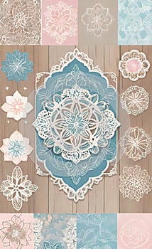 Decoupage sheet, rustic wooden lace paper with handwritten text, pastel colors, background for smartphone