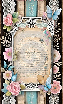 Decoupage sheet, rustic wooden lace paper with handwritten text, pastel colors, background for smartphone