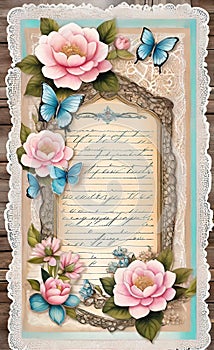 Decoupage sheet, rustic wooden lace paper with handwritten text, pastel colors, background for smartphone