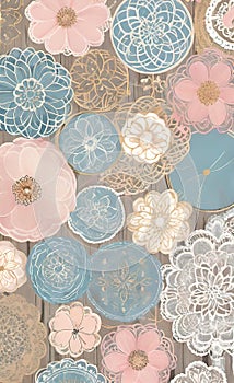 Decoupage sheet, rustic wooden lace paper with handwritten text, pastel colors, background for smartphone