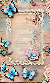 Decoupage sheet, rustic wooden lace paper with handwritten text, pastel colors, background for smartphone