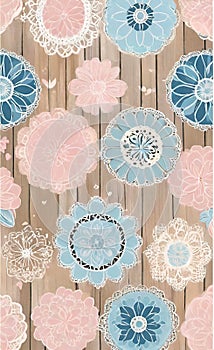 Decoupage sheet, rustic wooden lace paper with handwritten text, pastel colors, background for smartphone