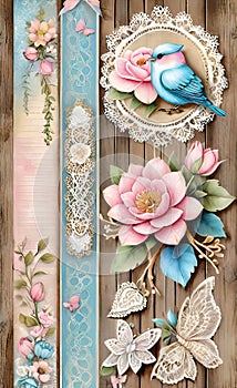 Decoupage sheet, rustic wooden lace paper with handwritten text, pastel colors, background for smartphone