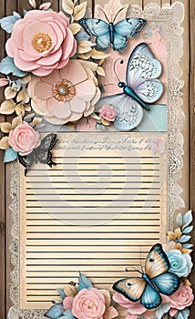 Decoupage sheet, rustic wooden lace paper with handwritten text, pastel colors, background for smartphone