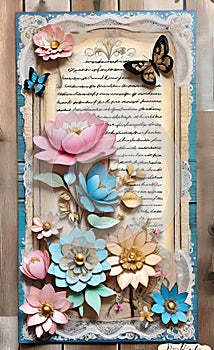 Decoupage sheet, rustic wooden lace paper with handwritten text, pastel colors, background for smartphone