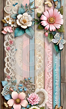 Decoupage sheet, rustic wooden lace paper with handwritten text, pastel colors, background for smartphone