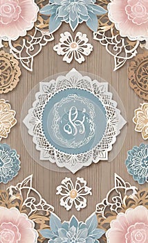 Decoupage sheet, rustic wooden lace paper with handwritten text, pastel colors, background for smartphone