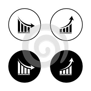 Decrease and increase chart icon with arrow. Negative and positive trend symbol in black circle