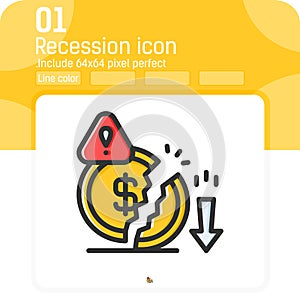 Decrease money icon with outline color style isolated on white background. Graphics illustration recession, disadvantage business