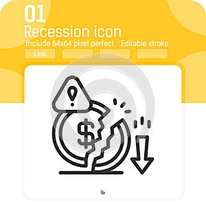 Decrease money icon with outline style isolated on white background. Graphics illustration recession, disadvantage business icon