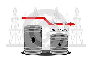 Decreased oil production due to coronavirus, reduced oil consumption due to 2019-nCov, covid-2019. Oil barrels against the